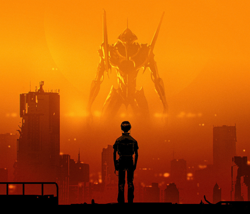absurdres city commentary facing_away from_behind giant glowing glowing_eyes gradient gradient_background highres house ikari_shinji kalmahul looking_at_another male_focus mecha neon_genesis_evangelion orange_background red_background shiny shiny_hair short_hair standing