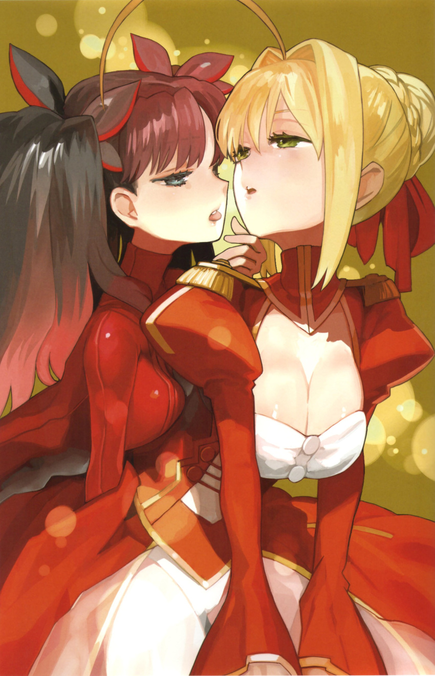 2girls absurdres ahoge aqua_eyes black_hair blonde_hair bow breasts center_opening chin_grab cleavage colored_eyelashes dress epaulettes eyelashes fate/extra fate/grand_order fate/stay_night fate_(series) green_eyes hair_bow hair_intakes hair_ribbon highres incipient_kiss long_hair multiple_girls nero_claudius_(fate)_(all) official_art ribbon saber_extra tohsaka_rin tongue tongue_out wada_aruko yuri