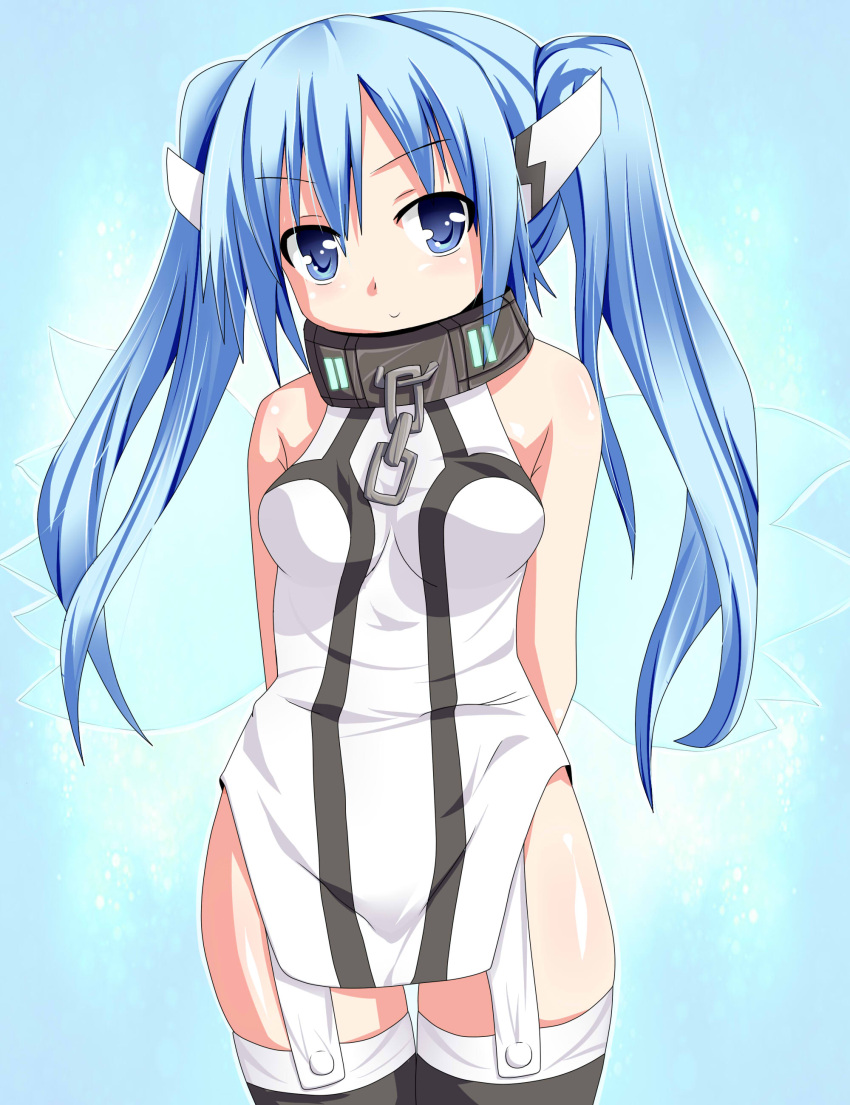 1girl absurdres blue_eyes blue_hair breasts chains collar highres long_hair looking_at_viewer nanase_nanami nymph_(sora_no_otoshimono) smile solo sora_no_otoshimono thigh-highs twintails wings