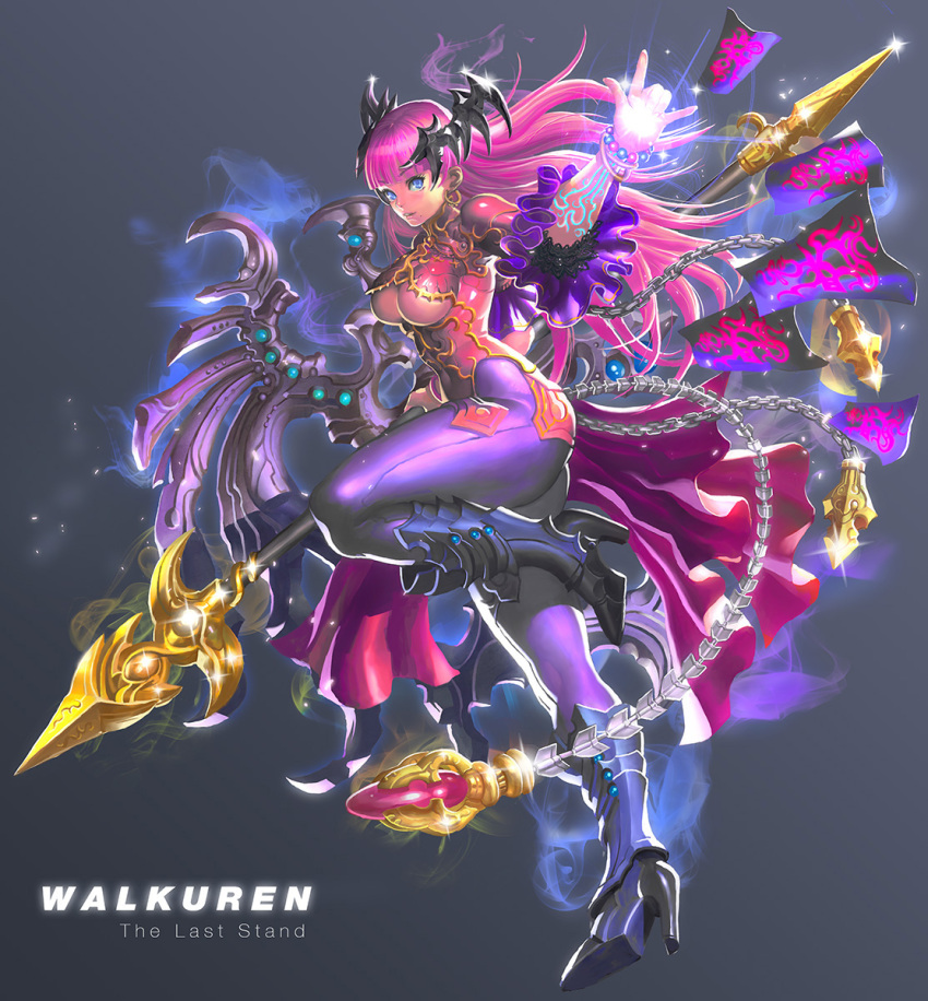 1girl armor bad_id blue_eyes boots breasts center_opening cleavage curvy earrings frills high_heels highres jewelry kilart knee_boots large_breasts lips long_hair magic mole no_bra original pink_hair polearm shiny shoes skin_tight solo sparkle spear thick_thighs thighs under_boob weapon wings