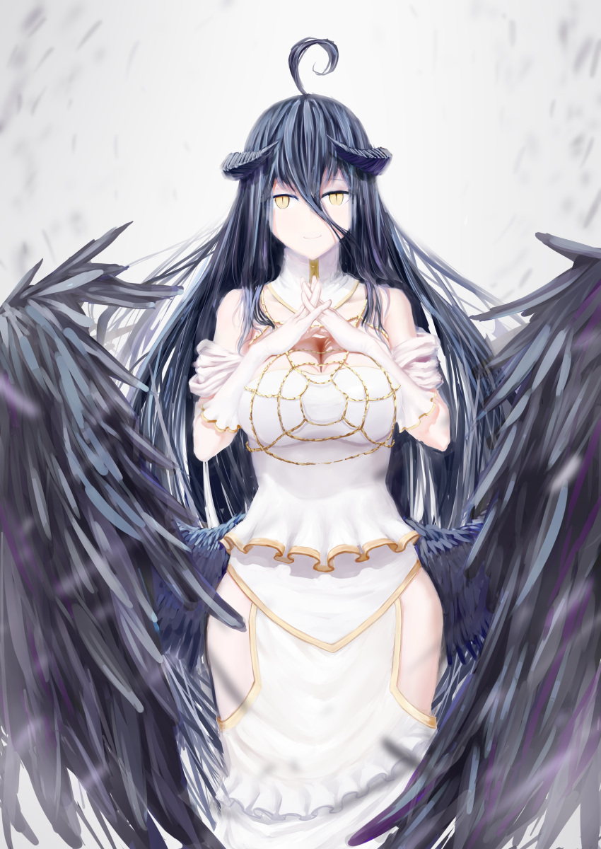 1girl absurdres albedo bare_shoulders black_hair black_wings breasts crossed_fingers demon_girl demon_horns demon_wings deoxysilicic_acid dress gloves hair_between_eyes highres horns large_breasts large_wings long_hair looking_at_viewer open_mouth overlord_(maruyama) short_sleeves simple_background smile solo thigh-highs white_dress white_gloves wings yellow_eyes