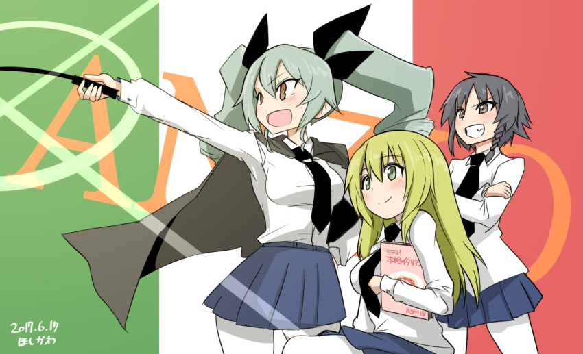 3girls anchovy anzio_school_uniform artist_name bangs black_cape black_hair black_neckwear black_ribbon black_skirt blonde_hair book braid brown_eyes cape carpaccio closed_mouth commentary crossed_arms dated diffraction_spikes dress_shirt drill_hair flag_background girls_und_panzer green_eyes green_hair grin hair_ribbon holding holding_book hoshikawa_(hoshikawa_gusuku) italian_flag long_hair long_sleeves looking_to_the_side miniskirt multiple_girls necktie open_mouth pantyhose pepperoni_(girls_und_panzer) pleated_skirt red_eyes ribbon riding_crop school_uniform shirt short_hair side_braid signature sitting skirt smile standing twin_drills twintails untucked_shirt v-shaped_eyebrows white_legwear white_shirt