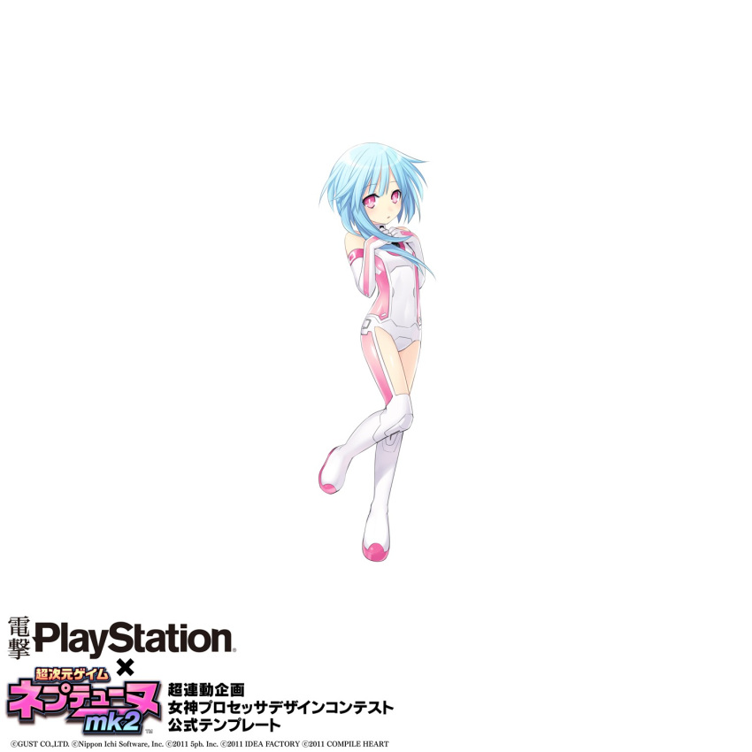 1girl :o bangs bare_shoulders bikini blue_hair blush bodysuit choujigen_game_neptune choujigen_game_neptune_mk2 compile_heart copyright_name elbow_gloves flat_chest gloves hands_on_own_chest highres idea_factory leg_lift long_hair magical_girl neptune_(series) official_art open_mouth pink_eyes rom_(choujigen_game_neptune) rom_(neptune) sidelocks simple_background solo standing standing_on_one_leg swimsuit symbol-shaped_pupils tsunako turtleneck watermark white_background white_sister_rom