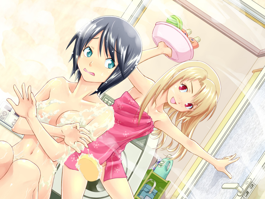 10gallon 2girls blonde_hair blue_eyes blue_hair breasts bubble covering covering_breasts dropping freckles hair_down highres idolmaster idolmaster_dearly_stars long_hair mizutani_eri multiple_girls open_mouth red_eyes short_hair smile soap sponge suzuki_ayane towel