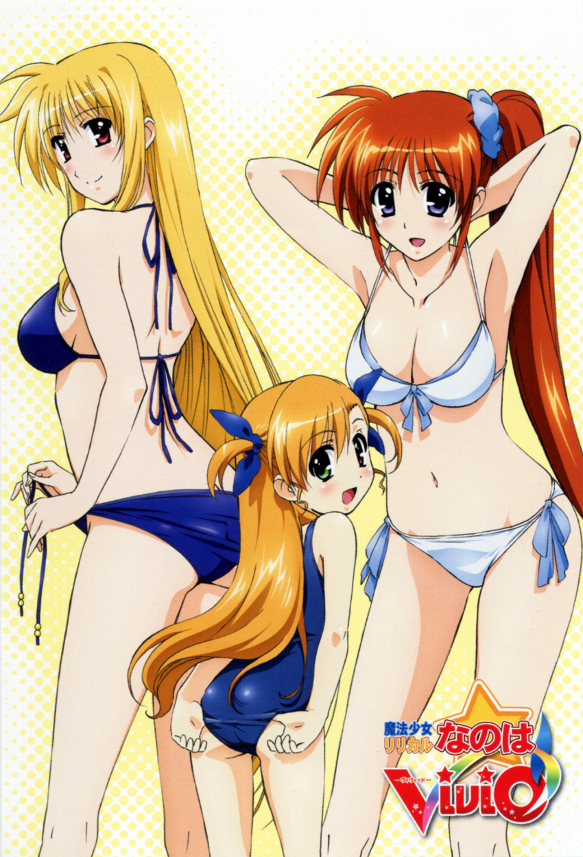 3girls adjusting_clothes adjusting_swimsuit armpits arms_behind_head arms_up ass bikini blonde_hair blue_eyes breasts brown_hair cleavage family fate_testarossa fujima_takuya heterochromia highres looking_back lyrical_nanoha mahou_shoujo_lyrical_nanoha mahou_shoujo_lyrical_nanoha_strikers mahou_shoujo_lyrical_nanoha_vivid multiple_girls older one-piece_swimsuit red_eyes school_swimsuit short_twintails side-tie_bikini side_ponytail swimsuit takamachi_nanoha twintails vivio