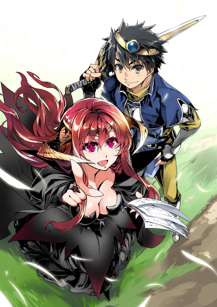 1boy 1girl armor black_dress black_hair breasts cleavage couple demon_girl dress female from_above highres horns ishida_akira jewelry large_breasts long_hair looking_up male maou_(maoyuu) maoyuu_maou_yuusha open_mouth pointing red_eyes redhead ring slit_pupils smile sword weapon wind yuusha_(maoyuu)
