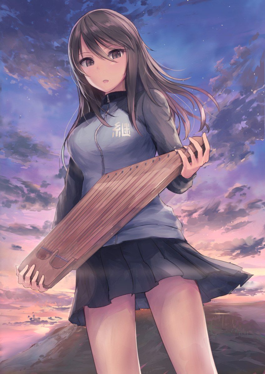 1girl breasts brown_eyes brown_hair clouds cloudy_sky figurehead_(artist) girls_und_panzer highres instrument jacket kantele long_hair looking_at_viewer mika_(girls_und_panzer) no_hat no_headwear pleated_skirt school_uniform skirt sky solo track_jacket