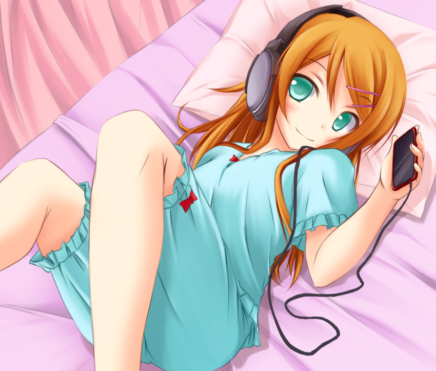 1girl aqua_eyes bad_id bed_sheet blush brown_hair griefwear hair_ornament hairclip headphones headset kousaka_kirino long_hair lying on_back orange_hair ore_no_imouto_ga_konna_ni_kawaii_wake_ga_nai pajamas pillow smile solo