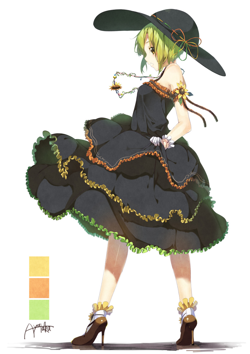 1girl :o absurdres artist_name ayataka bare_shoulders black_dress black_hat blush brown_shoes dress flower frilled_dress frills from_behind full_body gloves green_hair hat high_heels highres jewelry layered_dress multicolored_ribbon necklace original parted_lips pendant ribbon-trimmed_headwear ribbon_trim shiny shiny_skin shoes short_hair simple_background sleeveless sleeveless_dress solo standing sun_hat sunflower white_background white_gloves yellow_eyes