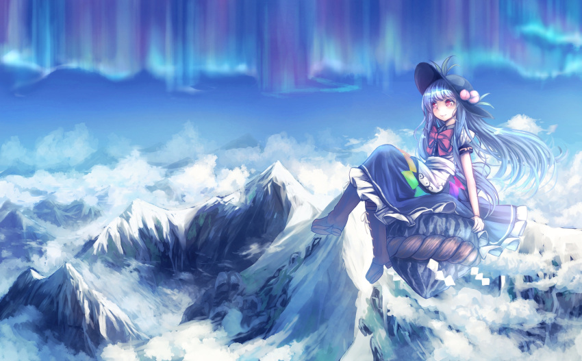 1girl aurora black_hat blue_hair blue_skirt boots bow bowtie brown_boots cross-laced_footwear day food fruit hat highres hinanawi_tenshi keystone lace-up_boots leaf legs_crossed long_hair looking_afar looking_away mountain peach petticoat puffy_short_sleeves puffy_sleeves rainbow_order red_bow red_bowtie red_eyes shirt short_sleeves sitting skirt sky smile snow solo t.m_(aqua6233) touhou white_shirt