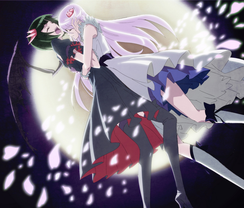 2girls bob_cut boots closed_eyes cure_moonlight dark_precure green_hair hair_ornament heartcatch_precure! hug knee_boots long_hair magical_girl makacoon multiple_girls open_mouth precure purple_hair short_hair single_wing thigh-highs tsukikage_yuri wings yuri