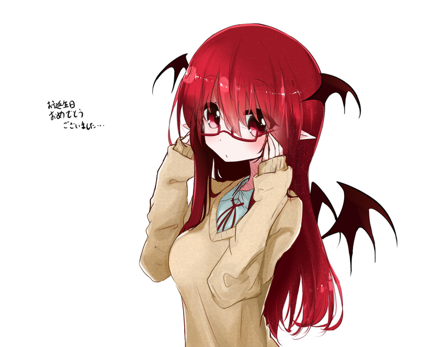 1girl :/ adjusting_glasses alternate_costume bat_wings bespectacled blush eyebrows eyebrows_visible_through_hair eyes_visible_through_hair glasses hair_between_eyes head_wings koakuma long_hair long_sleeves looking_at_viewer not_on_shana pointy_ears red-framed_eyewear red_eyes redhead simple_background solo sweater touhou translation_request upper_body white_background wings
