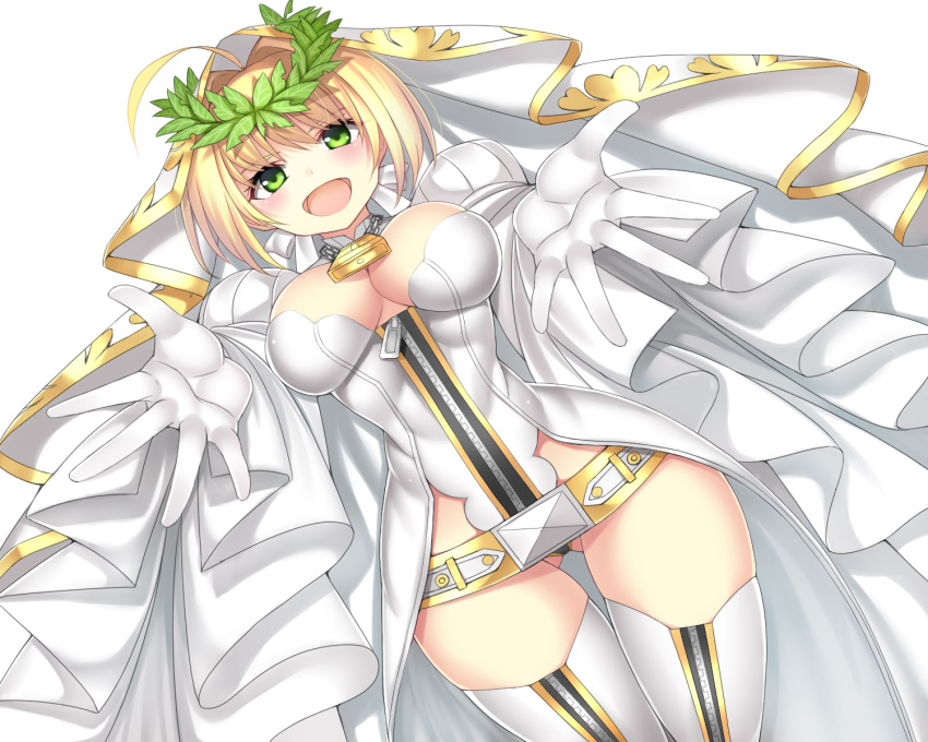 1girl :d beeyan belt blonde_hair breasts bridal_veil cleavage curvy fate/extra fate/extra_ccc fate_(series) gloves green_eyes highres large_breasts leotard open_mouth saber_bride saber_extra simple_background smile solo thigh-highs veil white_background white_gloves white_legwear wide_hips