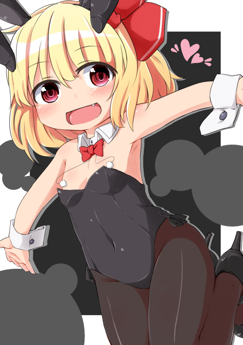 1girl absurdres animal_ears armpits black_legwear blonde_hair bunnysuit censored child convenient_censoring female hair_ribbon heart high_heels highres navel pantyhose rabbit_ears red_eyes ribbon rumia shoes short_hair solo tec the_embodiment_of_scarlet_devil thighs touhou wrist_cuffs youkai