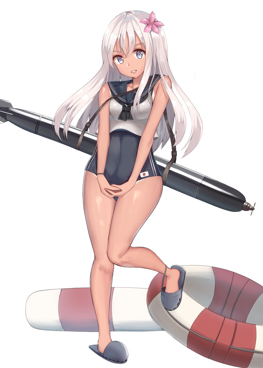 1girl absurdres blue_eyes crop_top dark_skin flower hair_flower hair_ornament hands_together highres kanikou kantai_collection lifebuoy long_hair one-piece_swimsuit open_mouth ro-500_(kantai_collection) school_swimsuit school_uniform serafuku slippers smile solo standing standing_on_one_leg swimsuit swimsuit_under_clothes tan tanline torpedo white_hair