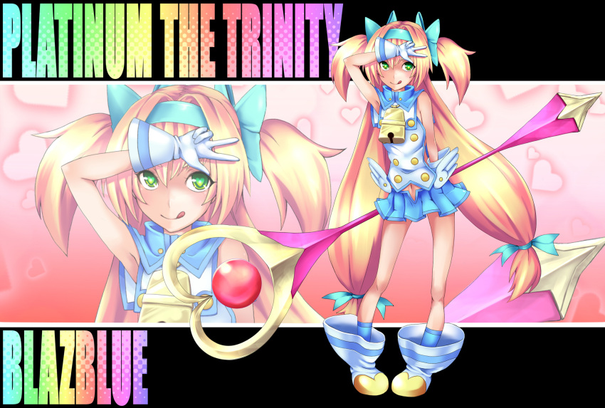 1girl :p arc_system_works armpits bell blazblue blazblue:_continuum_shift blonde_hair bow character_name copyright_name cow_bell gloves green_eyes hair_bow hairband heart highres long_hair low-tied_long_hair multiple_personalities navel platinum_the_trinity quad_tails quadtails ribbon ryusuke1234 skirt smile solo staff symbol-shaped_pupils tied_hair tongue tongue_out two_side_up v very_long_hair zoom_layer