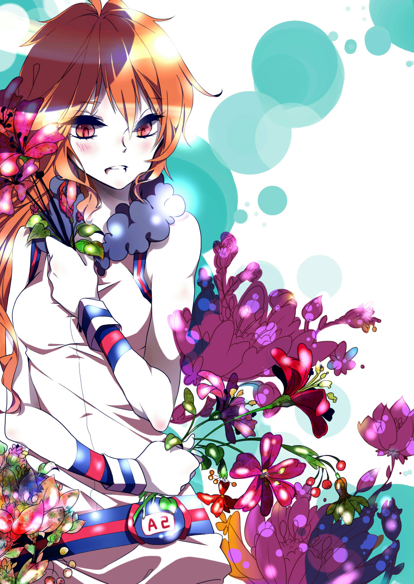 1girl 2743haebaru absurdres bare_shoulders belt breasts dress female flower highres long_hair open_mouth plant red_eyes redhead sf-a2_miki smile solo vocaloid