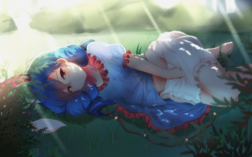 1girl animal_ears barefoot bloomers blue_dress blue_hair closed_mouth dappled_sunlight day dress dress_lift highres looking_at_viewer lying on_side outdoors puffy_short_sleeves puffy_sleeves rabbit_ears red_eyes seiran_(touhou) septet_(zrca_janne) short_sleeves smile solo sunlight touhou underwear
