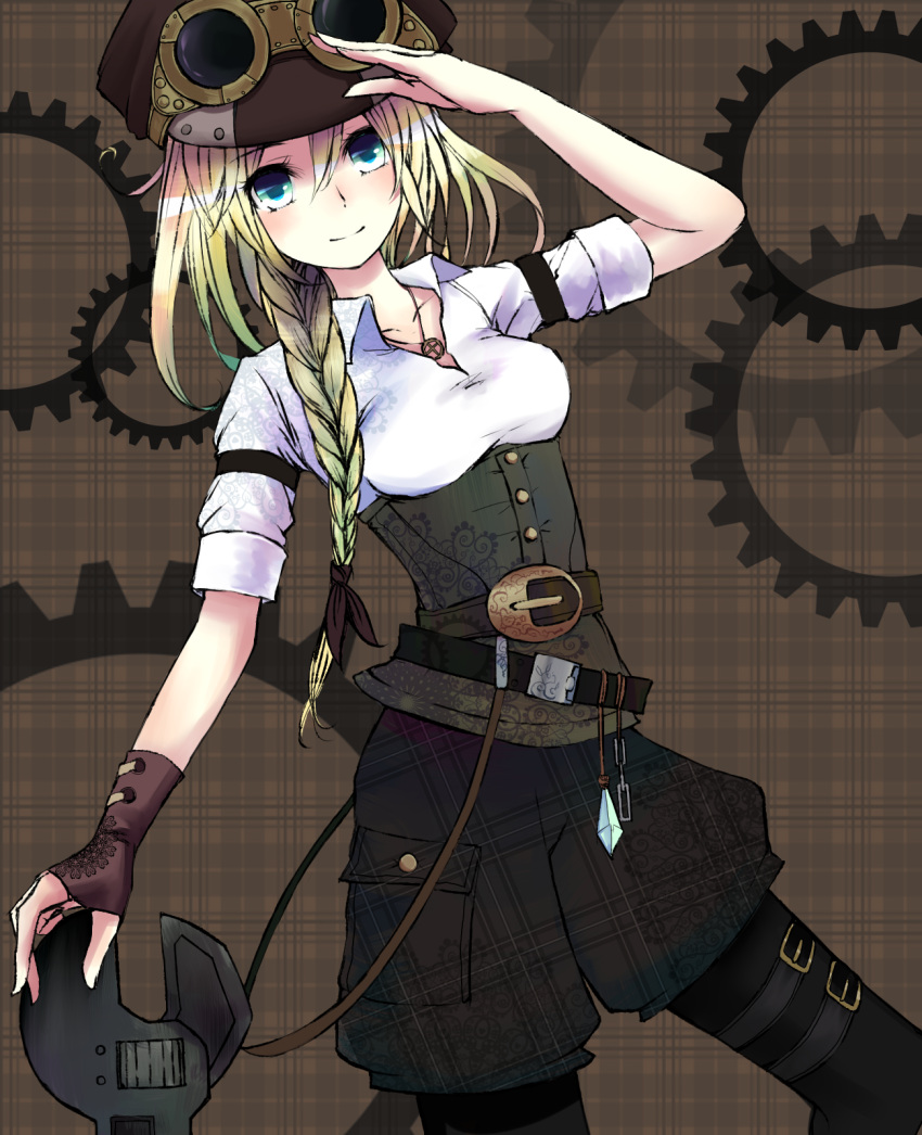 1girl aqua_eyes belt blonde_hair blue_eyes braid breasts corset cowboy_shot crystal fingerless_gloves gears gloves goggles hat highres jewelry large_breasts light_smile long_hair minato_(shouno) necklace original pantyhose salute solo steampunk wrench