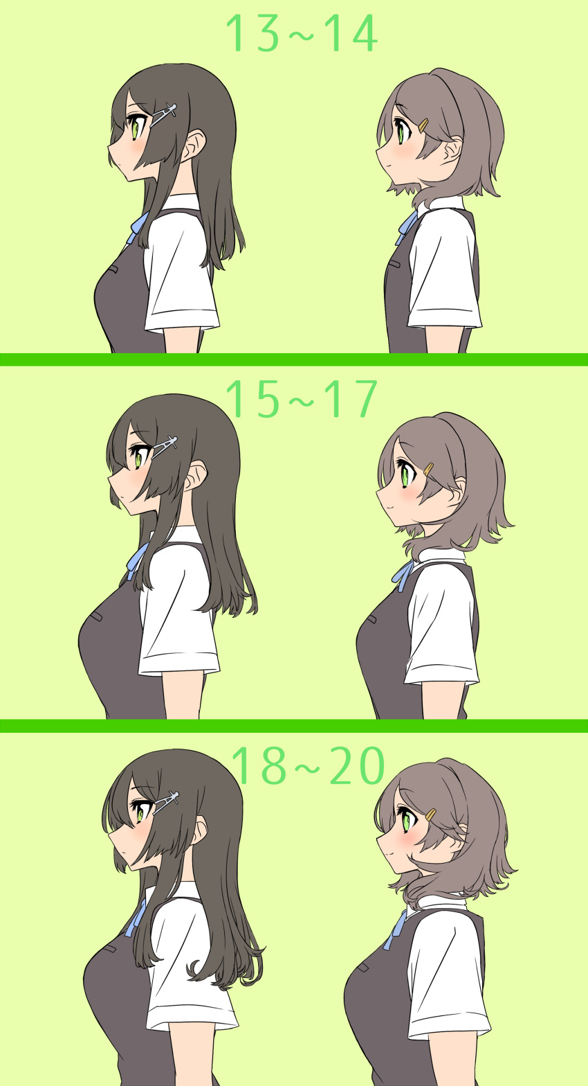 2girls absurdres age_progression black_hair black_vest blew_andwhite blouse breasts brown_hair commentary_request female flat_color from_side green_background hair_ornament hairclip highres kantai_collection kuroshio_(kantai_collection) long_hair medium_breasts multiple_girls multiple_views number oyashio_(kantai_collection) school_uniform short_hair short_sleeves simple_background uniform upper_body vest white_blouse