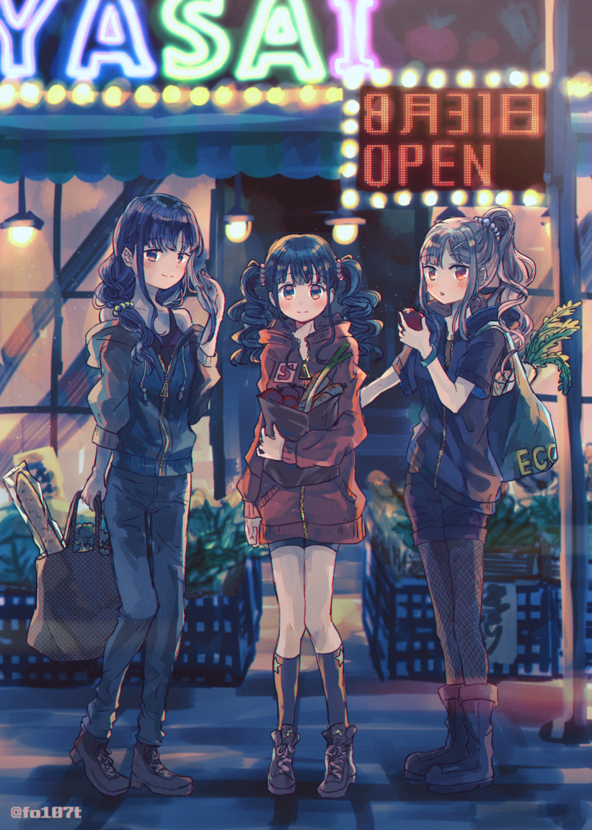 3girls alternate_costume bag curly_hair futaba_sana grocery_bag hair_ornament highres jacket legwear_under_shorts magia_record:_mahou_shoujo_madoka_magica_gaiden mahou_shoujo_madoka_magica multiple_girls nanami_yachiyo night ponytail shading shopping_bag shorts tamaki_iroha totte twintails