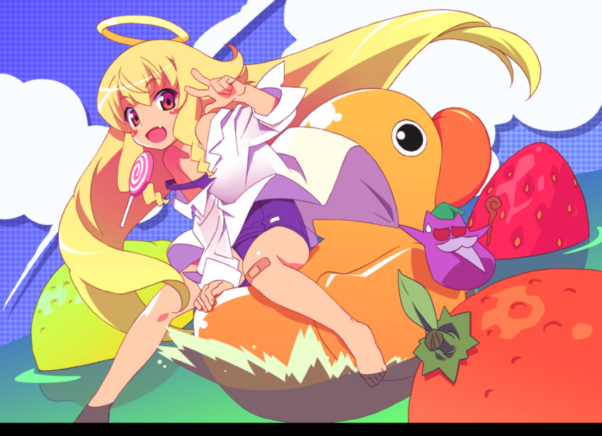 1girl angel angelia_avallone aq_interactive arcana_heart atlus bandaid bandaid_on_knee barefoot blonde_hair candy child examu fang feet_in_water food fruit halo long_hair malin_(arcana_heart) no_pants one-piece_swimsuit red_eyes rubber_duck school_swimsuit soaking_feet solo strawberry swimsuit swimsuit_under_clothes v very_long_hair watanabe_akio water