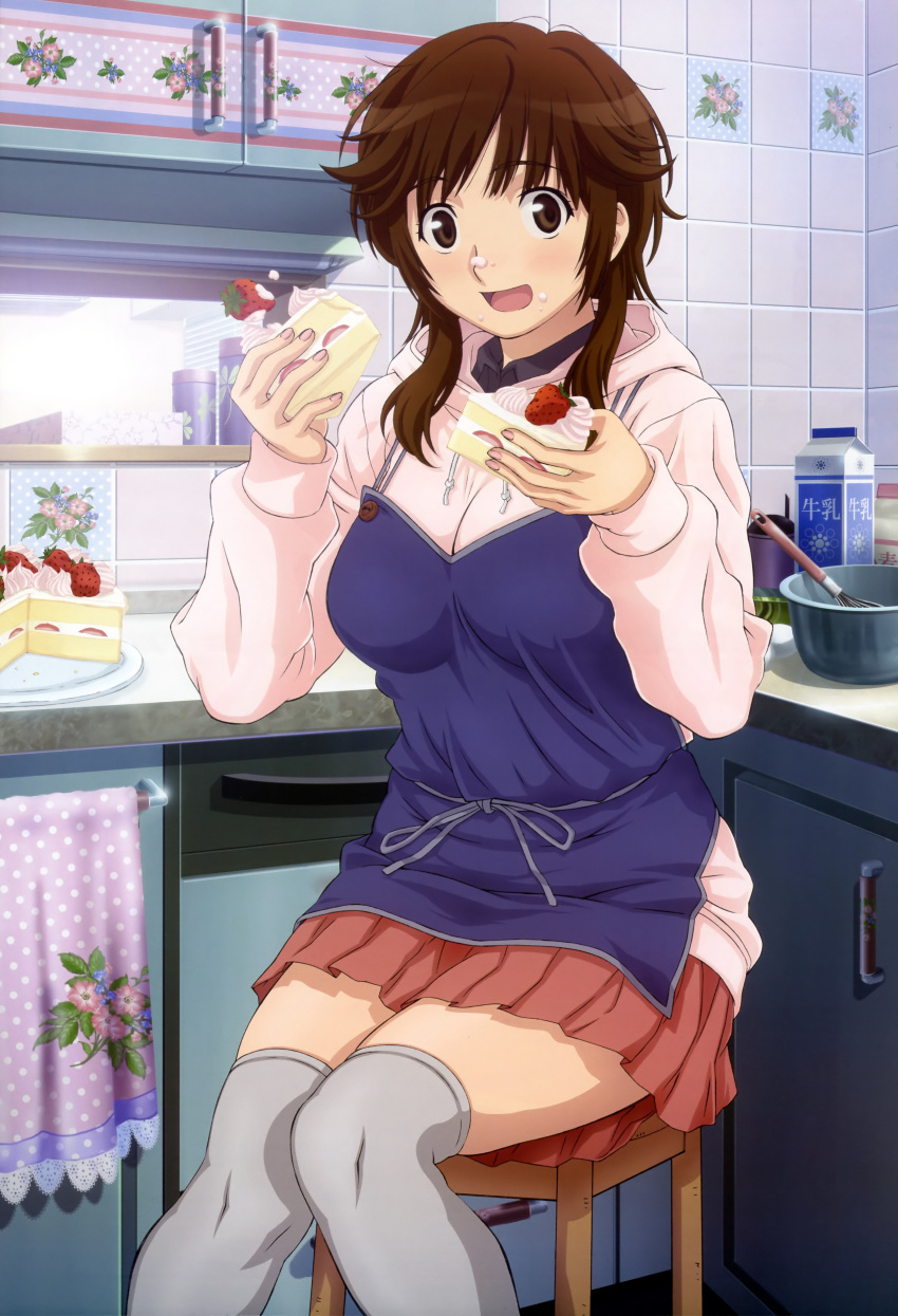 1girl :d absurdres amagami apron bangs breasts brown_hair cabinet cake casual chair container cooking counter curvy dual_wielding eating egg food food_on_face fruit grey_legwear highres holding holding_food hood hoodie icing indoors kitchen knees_together long_sleeves looking_at_viewer milk_carton mixing_bowl nail_polish nyantype official_art open_mouth over-kneehighs pink_nails pink_skirt pleated_skirt polka_dot sakurai_rihoko scan sitting skirt slice_of_cake smile solo strawberry thigh-highs tile_wall tiles towel umetsu_yukinori whisk zettai_ryouiki