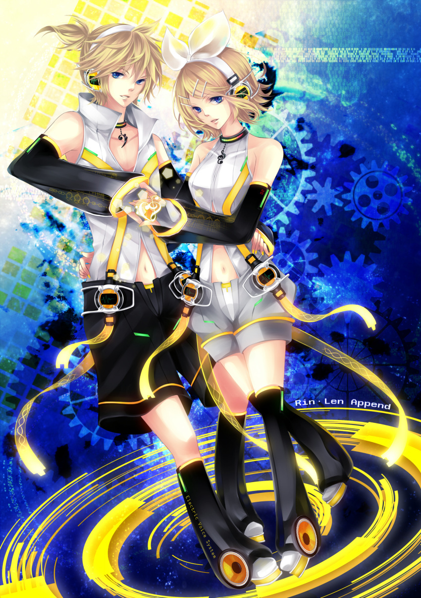 absurdres arm_warmers blonde_hair blue_eyes brother_and_sister detached_sleeves hair_ornament hair_ribbon hairclip headphones highres kagamine_len kagamine_len_(append) kagamine_rin kagamine_rin_(append) leg_warmers navel navel_cutout ribbon short_hair shorts siblings smile twins vocaloid vocaloid_append zukiyuki