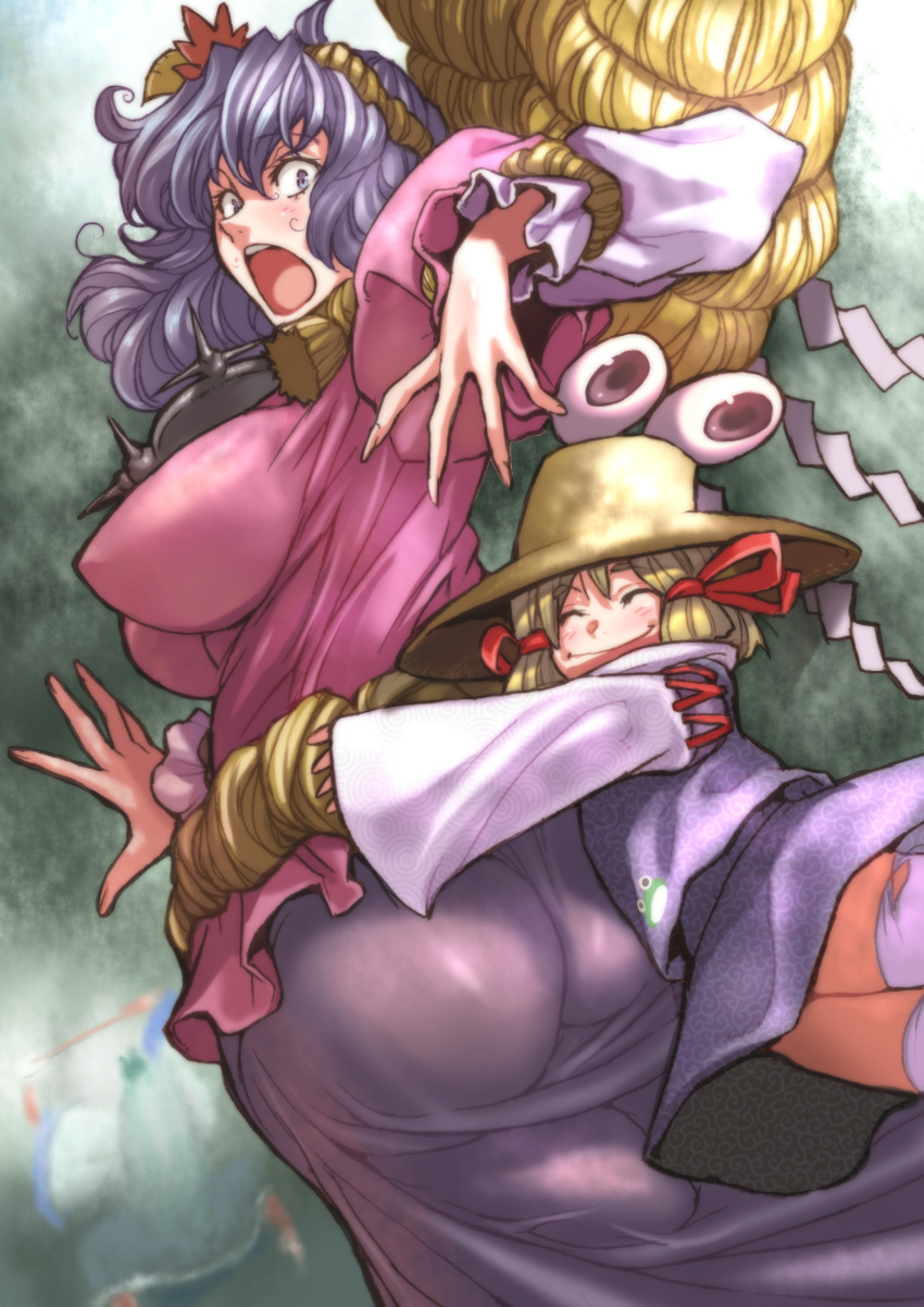 &gt;:( 2girls 3girls ^_^ absurdres angry arm_up ass bad_id big_hair blonde_hair blue_eyes blue_hair blush breasts butt_crack closed_eyes erect_nipples female forest from_behind from_below glomp green_hair hair_ornament hair_ribbon hat height_difference highres hug hug_from_behind huge_ass huge_breasts impossible_clothes impossible_shirt kochiya_sanae long_hair long_skirt looking_back moriya_suwako multiple_girls nature open_mouth outdoors purple_hair ribbon rope shide shimenawa shirt skirt sleeves_past_wrists smile surprised thigh-highs touhou vest warainaku wavy_hair wedgie wide_sleeves yasaka_kanako zettai_ryouiki