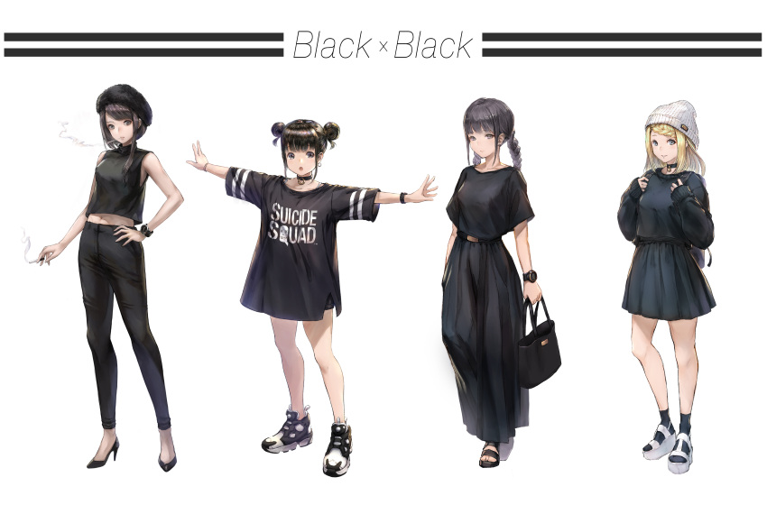 4girls :o absurdres backpack bag bangs bare_legs beanie belly_peek between_fingers black_hair black_legwear black_pants black_shirt black_shoes black_shorts blonde_hair blunt_bangs braid breasts choker cigarette closed_mouth clothes_writing double_bun dress earrings fashion female flat_chest full_body hand_on_hip hat high_heels highres holding_bag holding_cigarette jewelry legs_apart lineup looking_at_viewer medium_breasts multiple_girls navel no_socks original outstretched_arms pants parted_lips platform_footwear sandals shirt shoes shogo_(shogo) short_shorts short_sleeves shorts sidelocks simple_background skirt sleeveless sleeveless_turtleneck smoke sneakers socks spread_arms standing stomach striped t-shirt turtleneck twintails watch watch white_background white_hat