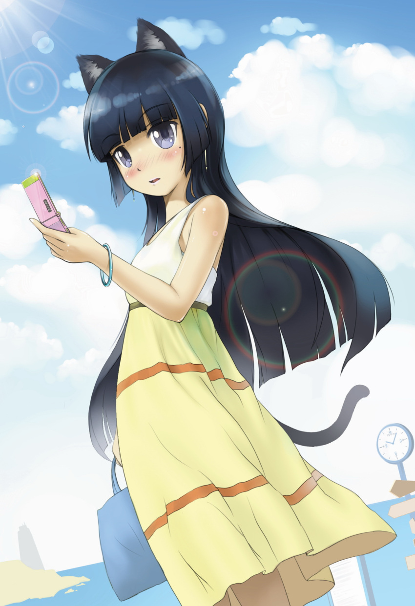 1girl alternate_costume bag black_hair blue_eyes blush bracelet cellphone clouds gokou_ruri hairband highres ino_satsu jewelry long_hair mole open_mouth ore_no_imouto_ga_konna_ni_kawaii_wake_ga_nai phone solo tail