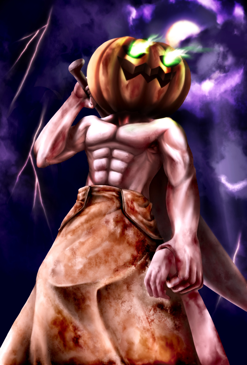 1boy abs absurdres blood blood_stain burning_eyes butcher_knife halloween highres jack-o'-lantern lightning luke_c male_focus manly moon muscle night pumpkin pyramid_head silent_hill silent_hill_2 solo weapon
