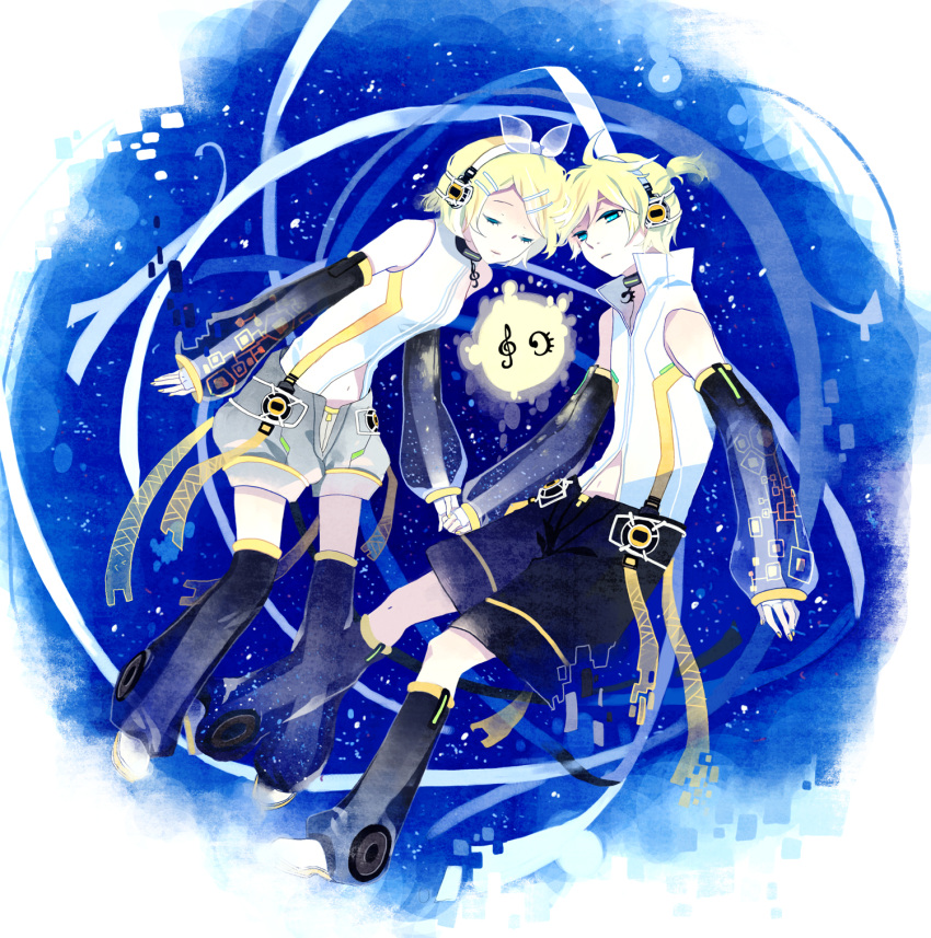 arm_warmers blonde_hair blue_eyes brother_and_sister closed_eyes detached_sleeves hair_ornament hair_ribbon hairclip headphones highres kagamine_len kagamine_len_(append) kagamine_rin kagamine_rin_(append) leg_warmers mig_(36th_underground) navel popped_collar ribbon short_hair shorts siblings twins vocaloid vocaloid_append