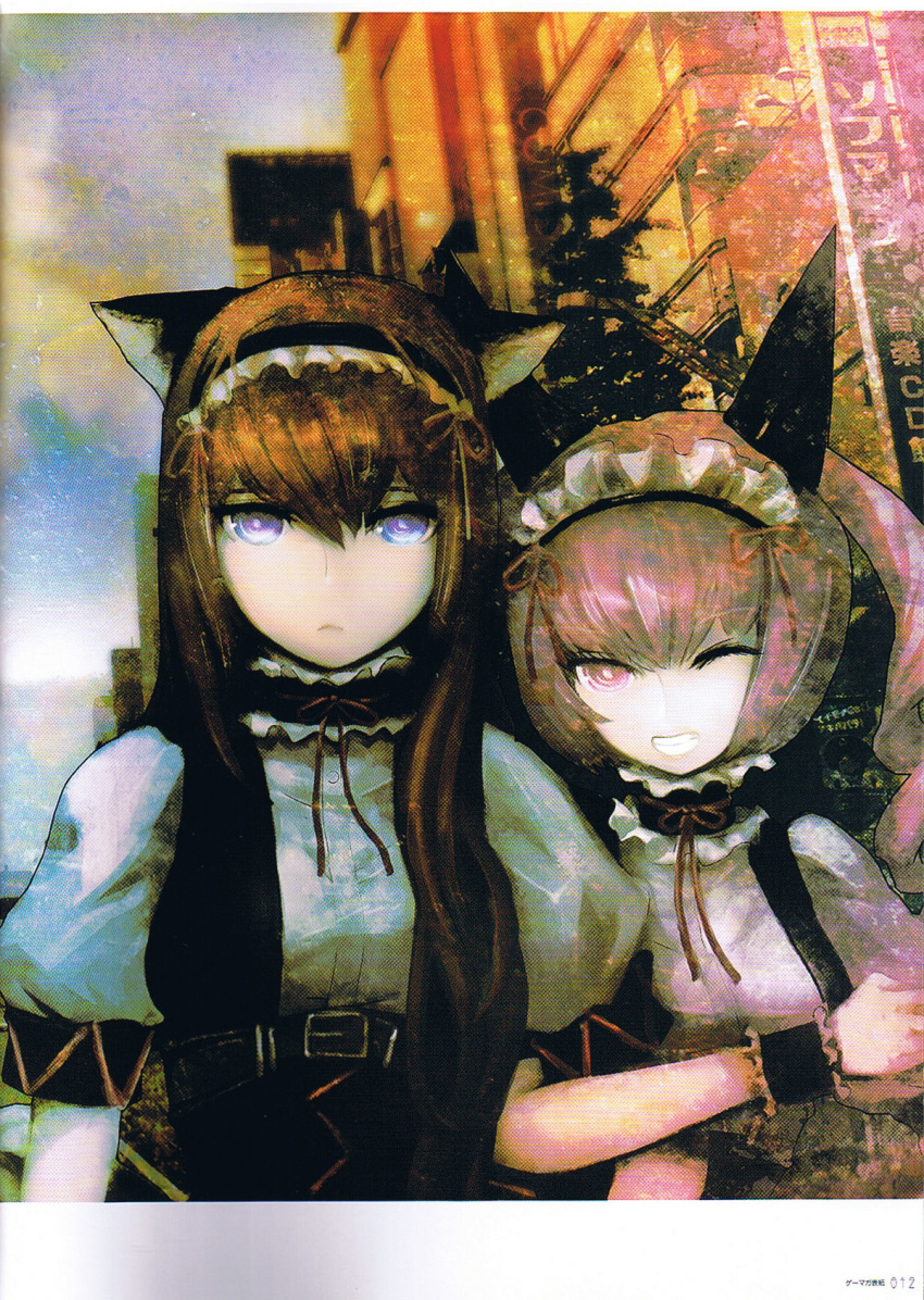 2girls brown_hair faris_nyannyan highres huke makise_kurisu multiple_girls official_art scan steins;gate