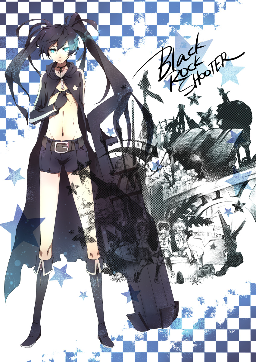 1girl absurdres aqua_eyes arm_cannon bad_id belt black_gold_saw black_hair black_rock_shooter black_rock_shooter_(character) boots dead_master highres long_hair scar senano-yu solo star strength_(black_rock_shooter) twintails weapon