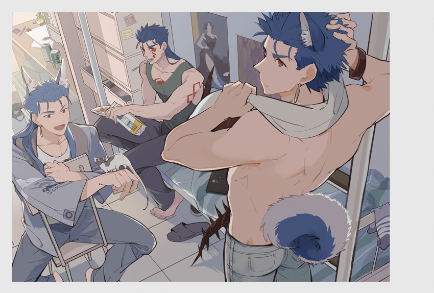 3boys animal_ears barefoot casual cereal cu_chulainn_(fate)_(all) cu_chulainn_(fate/grand_order) cu_chulainn_alter_(fate/grand_order) denim dog_ears dog_tail earrings facial_mark fate/grand_order fate/stay_night fate_(series) guttia hair_down jeans jewelry kemonomimi_mode lancer milk_carton mouse multiple_boys multiple_persona pants rat shirtless tail tank_top towel towel_around_neck