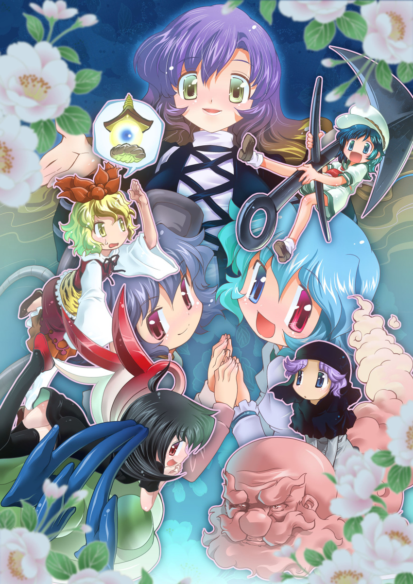 6+girls absurdres anchor bishamonten's_pagoda black_hair blonde_hair blue_hair flower gradient_hair heterochromia highres hijiri_byakuren houjuu_nue kumoi_ichirin mizuki_hitoshi multicolored_hair multiple_girls murasa_minamitsu nazrin tatara_kogasa toramaru_shou touhou undefined_fantastic_object unzan wings