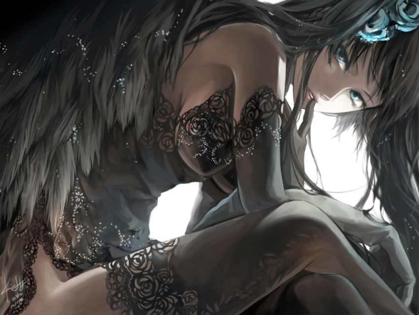 1girl aqua_eyes black_hair black_legwear blue_eyes blue_rose breasts cropped elbow_gloves feathers female finger_to_mouth flower gloves green_hair hair_flower hair_ornament hanging_breasts hatsune_miku highres lace lace-trimmed_thighhighs legs_crossed looking_at_viewer no_panties rahwia rose side_slit simple_background sitting solo thigh-highs vocaloid wallpaper white_background wings