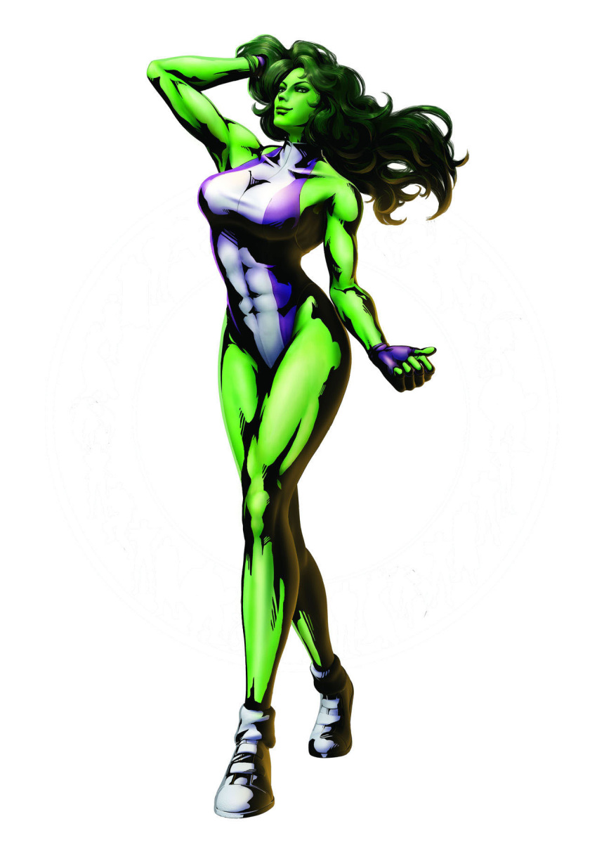 1girl abs breasts capcom cleavage female fingerless_gloves gloves green_eyes green_hair green_skin hair_flip highres jennifer_walters large_breasts legs leotard long_hair long_legs marvel marvel_vs._capcom marvel_vs._capcom_3 mori_toshiaki muscle official_art one-piece_swimsuit she-hulk smile solo swimsuit thighs