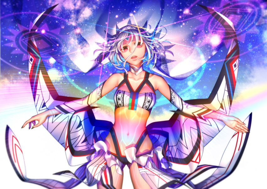 1girl arkray attila_(fate/grand_order) bare_shoulders dark_skin detached_sleeves diffraction_spikes fate/extella fate/extra fate/grand_order fate_(series) long_hair looking_at_viewer midriff navel open_mouth red_eyes silver_hair solo sparkle