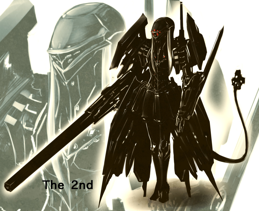 cyborg gun highres kotoba_noriaki no_humans original power_armor skirt solo tail weapon white_hair