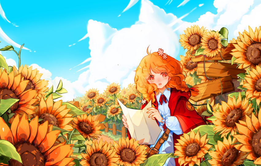 1girl absurdres ahoge bangs blue_sky braid brown_eyes cloud_focus clouds day flower hair_flower hair_ornament highres holding holding_map long_hair long_sleeves map neck_ribbon original outdoors red_ribbon red_robe ribbon sign sky smile solo sunflower teeth touya_(touyachann) twin_braids upper_teeth