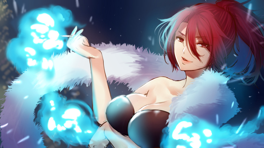 1girl aozaki_touko bare_shoulders blue_fire breast_rest breasts cigarette cleavage dark_background dress eyebrows eyebrows_visible_through_hair eyes_visible_through_hair fate/grand_order fate_(series) fire fur_trim hair_between_eyes kara_no_kyoukai large_breasts lipstick long_hair looking_at_viewer makeup pantsu_(lootttyyyy) ponytail red_eyes redhead scarf simple_background sleeveless sleeveless_dress smoking solo strapless strapless_dress upper_body