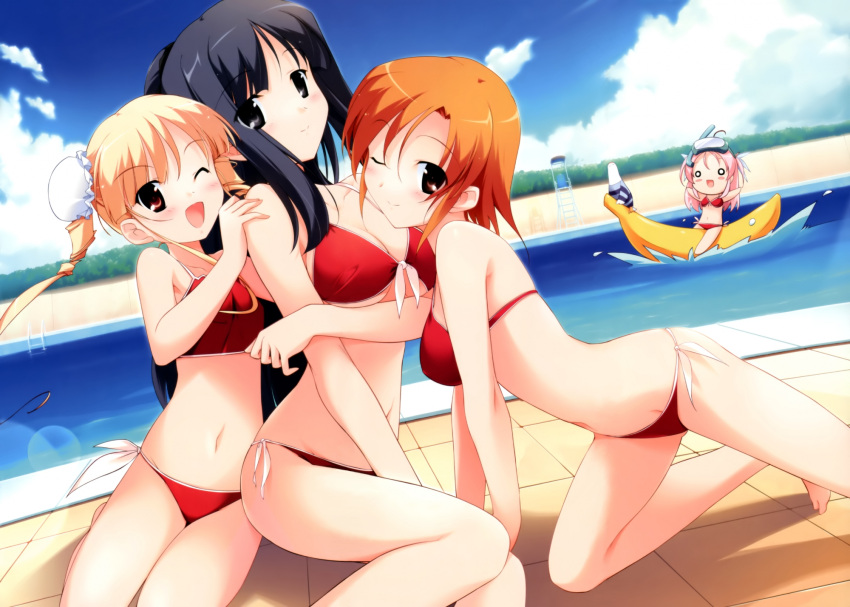 4girls banana banana_boat bikini black_eyes black_hair blonde_hair blush brown_eyes cuddling food front-tie_top fruit fujiwara_warawara highres hiinoki_suzuri hoshina_nanami long_hair multiple_girls navel pink_hair pool poolside red_eyes redhead shirokuma_bellstars short_hair side-tie_bikini smile swimsuit tsukimori_ririka waniguchi_kirara water wink