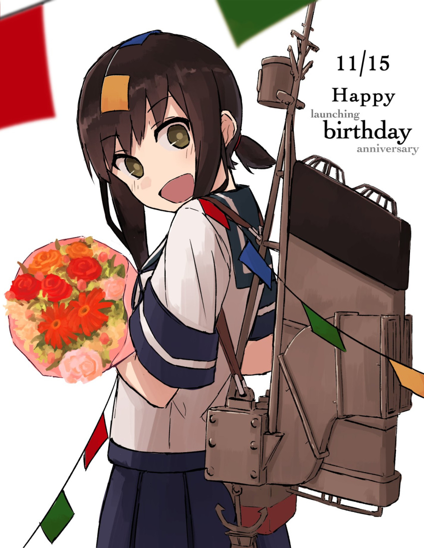 1girl :d anchor bangs blue_skirt blurry blush bouquet brown_eyes brown_hair commentary cowboy_shot dated depth_of_field english eyebrows eyebrows_visible_through_hair flag flower from_side fubuki_(kantai_collection) hair_ornament happy_birthday highres holding holding_bouquet kantai_collection looking_at_viewer low_ponytail object_on_head omine_tabiaki open_mouth pleated_skirt revision school_uniform serafuku short_ponytail short_sleeves sidelocks simple_background skirt smile solo strap string_of_flags white_background