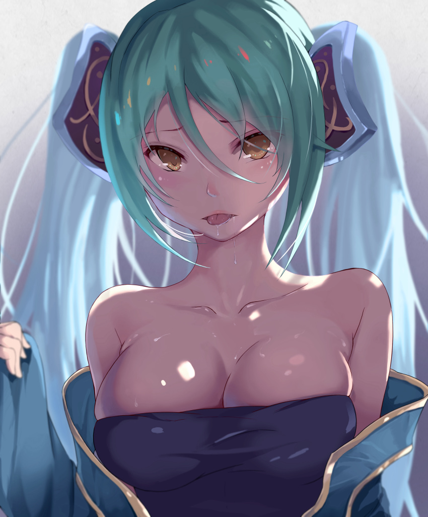 1girl :p absurdres aqua_hair bare_shoulders breasts brown_eyes cleavage highres league_of_legends long_hair looking_at_viewer rafael&middot;m saliva solo sona_buvelle tongue tongue_out twintails very_long_hair