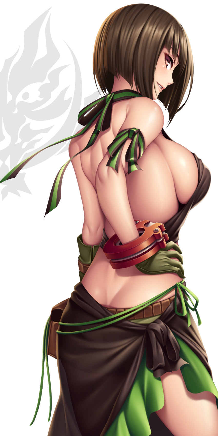 1girl absurdres arm_support back bare_shoulders bob_cut breasts brown_eyes brown_hair dress gloves god_eater hand_on_hip highres large_breasts loincloth looking_at_viewer looking_back open_mouth sarong short_hair short_shorts shorts sideboob simple_background smile solo tachibana_sakuya_(god_eater) thighs watanuki_kaname white_background