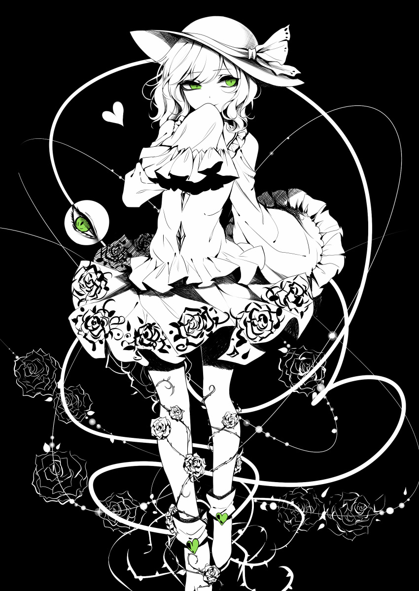 1girl absurdres bangs black_background closed_mouth covering_mouth eyeball eyebrows eyebrows_visible_through_hair floral_print flower frilled_sleeves frills green_eyes hands_in_sleeves hat hat_ribbon heart heart_of_string highres komeiji_koishi long_sleeves looking_away looking_to_the_side miniskirt monochrome plant ribbon rose rose_print sheya shoes skirt solo spot_color third_eye thorns touhou uneven_eyes vines wavy_hair wide_sleeves
