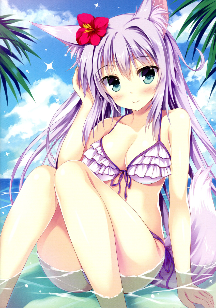 1girl absurdres animal_ears arm_at_side arm_support bangs bare_arms bare_legs bare_shoulders bikini blue_eyes blue_sky blush breasts cleavage closed_mouth clouds collarbone day eyebrows eyebrows_visible_through_hair eyelashes flower fox_ears fox_tail frilled_bikini frills front-tie_bikini front-tie_top hand_in_hair head_tilt hibiscus highres knees_together_feet_apart knees_up long_hair looking_at_viewer medium_breasts ocean original outdoors palm_tree partially_submerged pink_bikini purple_hair purple_ribbon ribbon scan side-tie_bikini sitting sky smile solo sparkle summer swimsuit tail tateha_(marvelous_grace) thighs tree very_long_hair water white_bikini white_swimsuit