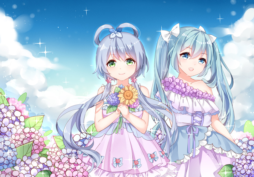 2girls blue_eyes blue_hair bow chuor_(chuochuoi) collarbone dress flower green_eyes hair_bow hatsune_miku highres holding hydrangea long_hair looking_at_viewer luo_tianyi multiple_girls open_mouth outdoors sunflower twintails vocaloid white_bow